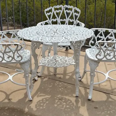 White Ornate Cast Metal Patio Table and 3 Chairs