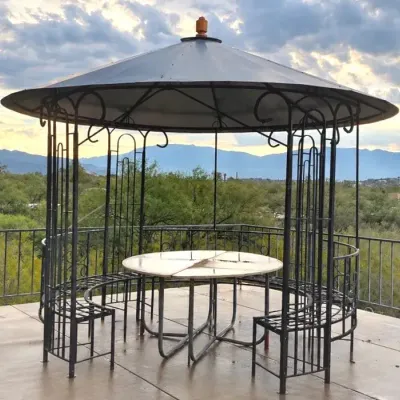 Circular Metal Gazebo, Built In Curved Bench Seating & Twin Tables 