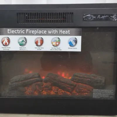 Black electric fireplace insert featuring realistic glowing log flames, digital controls, and original feature decals.