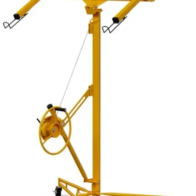 Yellow heavy-duty drywall panel hoist and lift with rolling caster wheels and hand crank wheel system.