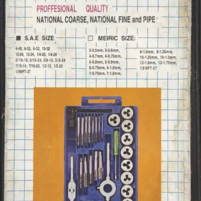 Vintage 40-piece tap and die set in its original box, including SAE and metric sizes with a blue carrying case.