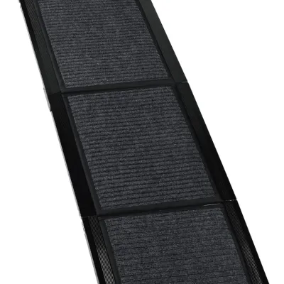 Sale Photo Thumbnail #307: Portable folding pet ramp featuring a black frame with high-traction dark gray carpeted panels.