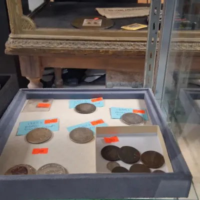 Display case tray featuring assorted vintage US silver dollars and collectible coins with handwritten labels and price tags.