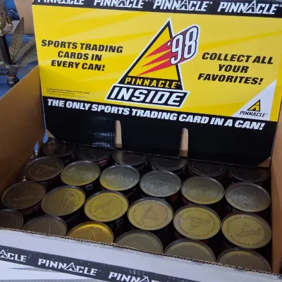 Retail display box of 1998 Pinnacle Inside sports trading card cans.