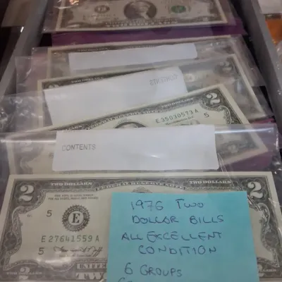 Collection of 41 total 1976 US two-dollar bills stored in protective plastic sleeves, noted to include 6 groups of consecutively numbered...