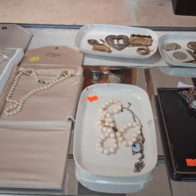 Collection of vintage jewelry, wristwatches, and coins displayed in trays and satin-lined travel cases.