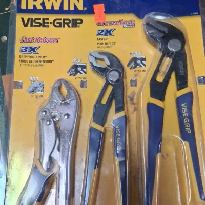 Irwin Vise-Grip three-piece plier set, new in original clamshell packaging.