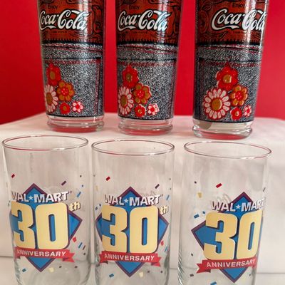Vintage 3 Walmart 30th Anniversary & 3 McDonald's Coca-Cola Drinking Glasses