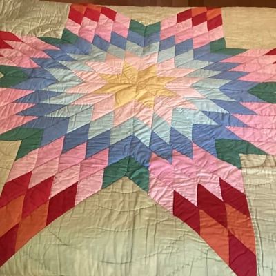 Sale Photo Thumbnail #398: Vintage quilt has some damage to the back side.