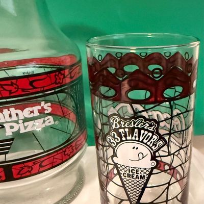 Sale Photo Thumbnail #228: Godfather’s Pizza pitcher, Brunswick Bowling Center, Bresler’s Ice Cream, Happy Chef,