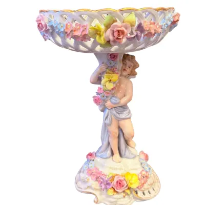 Sale Photo Thumbnail #55: Vintage Dresden or Meissen-style porcelain compote dish, featuring a reticulated basket, applied floral encrustation, and a central cherub figure with gold trim.