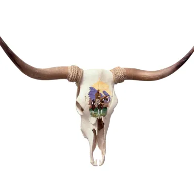 Sale Photo Thumbnail #67: Hand-painted longhorn steer skull featuring a cowboy on horseback, detailed with rope-wrapped horn bases.