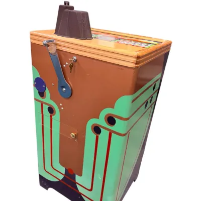 Sale Photo Thumbnail #22: Vintage 1930s Pace's Races floor-model slot machine with colorful Art Deco painted wood cabinet and original pull lever.