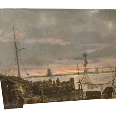 Sale Photo Thumbnail #45: Framed oil painting on panel depicting a maritime harbor scene with figures on boats, windmills in the distance, and a sunset horizon, execution in the Dutch Golden Age style.