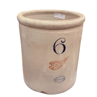 Sale Photo Thumbnail #28: Antique Red Wing Union Stoneware Co. 6-gallon crock featuring a large blue number 6, red wing insignia, and blue oval logo.