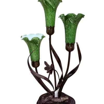 Sale Photo Thumbnail #62: Art Nouveau style three-light lily table lamp featuring green textured glass trumpet shades on a dark bronze-tone metal leaf base with a butterfly detail.