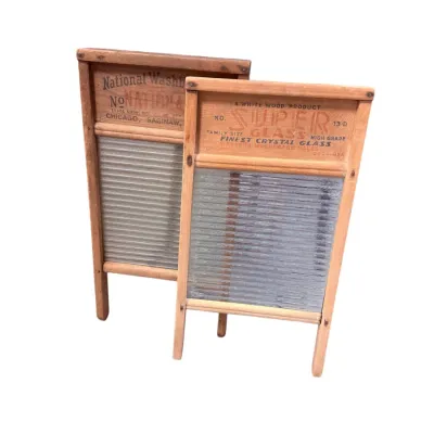 Sale Photo Thumbnail #11: Pair of vintage washboards featuring wooden frames with ribbed glass scrub surfaces, including a National Washboard Co. model and a Silver Glass No. 13-D model.