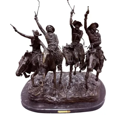 Sale Photo Thumbnail #23: Large Western bronze sculpture after Frederic Remington's 'Coming Through the Rye,' mounted on a polished marble base.