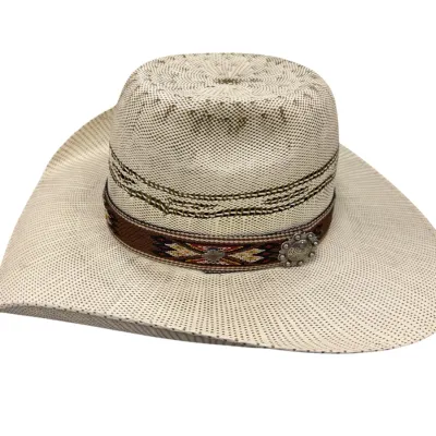 Sale Photo Thumbnail #43: Woven straw cowboy hat featuring a Southwestern pattern embroidered band with a decorative silver-tone concho accent.