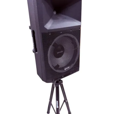 Sale Photo Thumbnail #10: Gemini PA speaker mounted on a matching black tripod stand, featuring a high-frequency horn and lower woofer behind a metal grille.