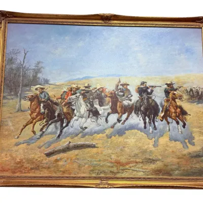 Sale Photo Thumbnail #38: Framed Western oil painting depiction after Frederic Remington's 'A Dash for the Timber', featuring cowboys on horseback firing rifles across an open landscape in a gilded ornate frame.