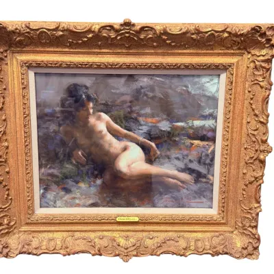 Sale Photo Thumbnail #3: Framed impressionistic oil painting of a reclining female nude, housed in an ornate carved gilt frame.