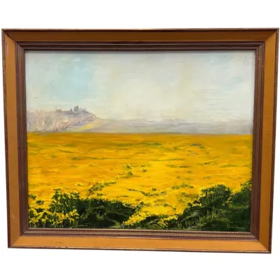 Sale Photo Thumbnail #46: Framed impressionist oil painting depicting a vibrant yellow field of flowers under a hazy sky, signed in the bottom right corner.