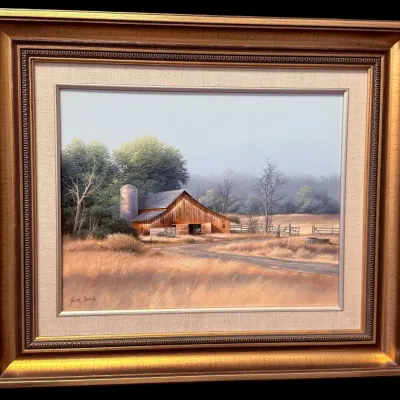 Sale Photo Thumbnail #4: Framed oil painting depicting a rural barn and silo landscape, signed Gene Speck lower left, set in an ornate gilded frame with linen matting.