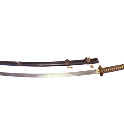 Sale Photo Thumbnail #60: Japanese Shin Gunto WWII military sword featuring a traditional tsuka wrap, brass tsuba, and a matching black saya.
