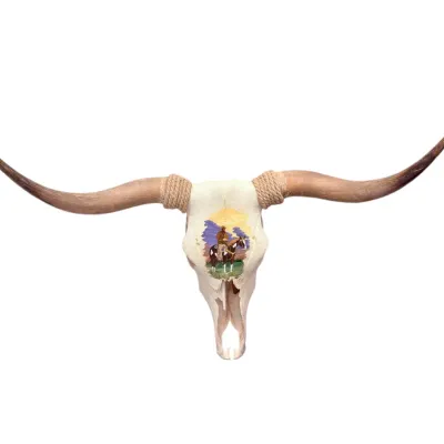 Sale Photo Thumbnail #26: Hand-painted longhorn steer skull featuring a cowboy on horseback scene, detailed with rope wrapped around the base of the horns.