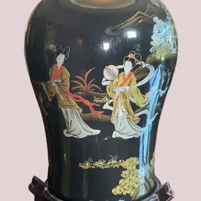 Sale Photo Thumbnail #26: Black lacquer ginger jar with mother-of-pearl inlay depicting women in traditional Chinese attire, mounted on a carved wooden base.