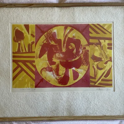 Sale Photo Thumbnail #18: Framed mid-century abstract color lithograph print, hand-signed and editioned in pencil, featuring red and yellow geometric motifs.