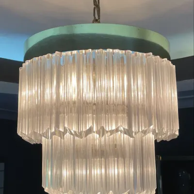 Sale Photo Thumbnail #21: Hollywood Regency three-tier crystal rod chandelier suspended by a metal chain and canopy.