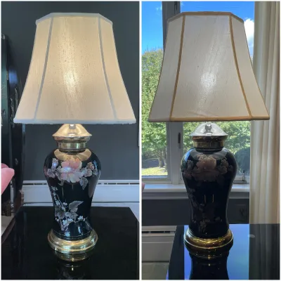 Sale Photo Thumbnail #22: Asian-style black lacquer table lamp featuring iridescent mother-of-pearl floral inlay and a brass base, topped with a silk hexagon lampshade.