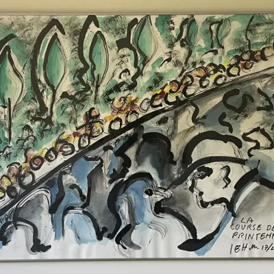 Sale Photo Thumbnail #52: Framed expressionist abstract print titled "La Course de Printemps", dated 1994, featuring expressive black brushstrokes over watercolor tones.