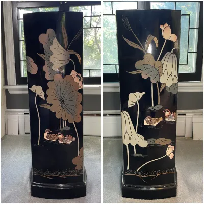 Sale Photo Thumbnail #29: Tall Asian-style black lacquer pedestal with painted lotus and waterfowl motifs, shown from two angles.