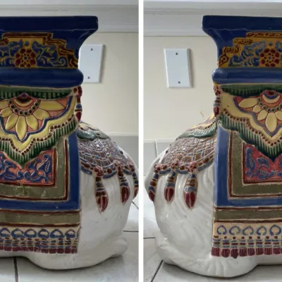Sale Photo Thumbnail #56: Pair of glazed ceramic camel garden stools featuring ornate polychrome saddles and harnesses.