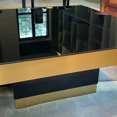 Sale Photo Thumbnail #77: Hollywood Regency style square coffee table featuring a black glass top, brushed brass trim, and a matching plinth pedestal base.