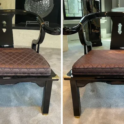 Sale Photo Thumbnail #69: Pair of Asian-style horseshoe back armchair low chairs in a black lacquer finish with brass corner accents and patterned brown upholstered seat cushions.