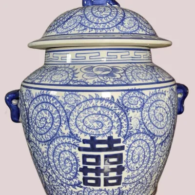 Sale Photo Thumbnail #39: Chinese blue and white porcelain ginger jar featuring intricate spiral motifs and double happiness symbols, topped with a foo dog finial lid.
