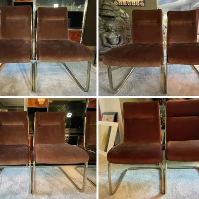 Sale Photo Thumbnail #70: Set of mid-century modern cantilever dining chairs featuring brown velvet upholstery and tubular chrome sled bases.
