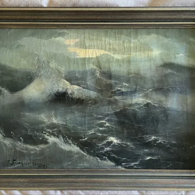 Sale Photo Thumbnail #54: Framed vintage oil painting depicting a stormy seascape with crashing waves, signed J. Sienkiewicz and dated 1938.