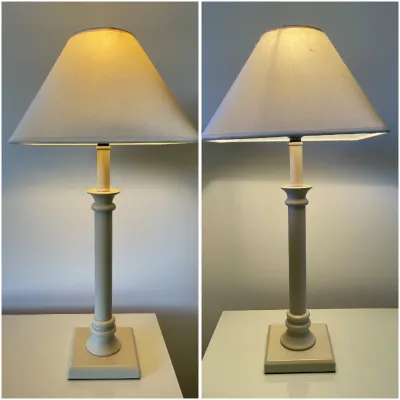 Sale Photo Thumbnail #24: Off-white column table lamp featuring a square pedestal base and a pyramid-style shade.