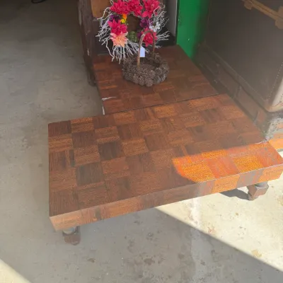 Sale Photo Thumbnail #199: Vintage parquet butcher block style low coffee tables, featuring a woven basket decor piece and a twig wreath with faux flowers.