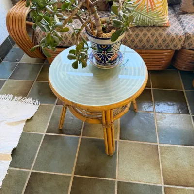 Sale Photo Thumbnail #89: Potted jade plant in a Talavera-style ceramic planter, set atop a round bamboo and glass-top side table.