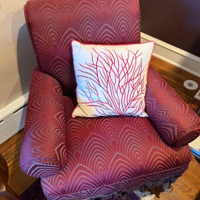 Sale Photo Thumbnail #98: Upholstered armchair featuring a red and grey geometric pattern with fringed hem detail, paired with a white coral-embroidered throw pillow.
