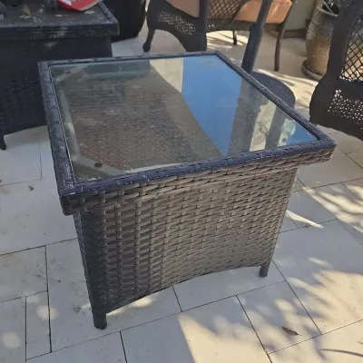 PE Rattan Square Outdoor Side Table - Dark Brown, Glass Top