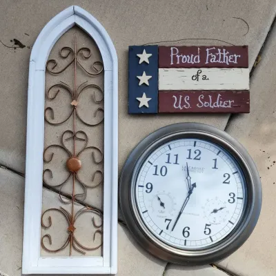3 Decor - White Framed Arch Decor Panel, LaCrosse Tech Wall Clock Thermostat & Hydrometer, Flag Sign