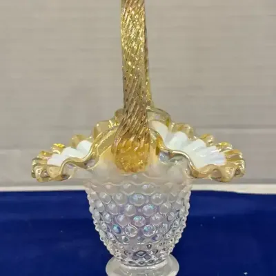 Vintage Fenton Hobnail "Gold Crest" "Autumn Gold" Opalescent Glass Basket - Yellow Gold Trim