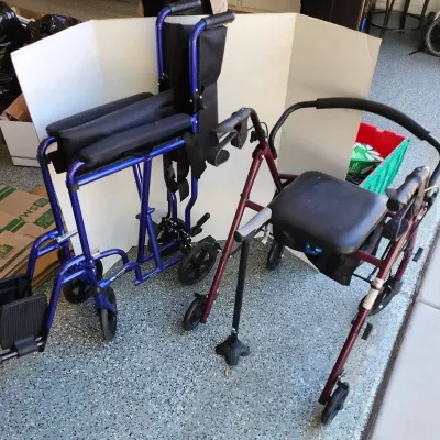 3 Home Healthcare - Blue Invacare Foldable Wheel Chair & Maroon Walker, Cane